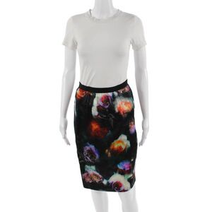 Designer Women Black Floral Straight Pencil Skirt Acetate Cotton Size 40